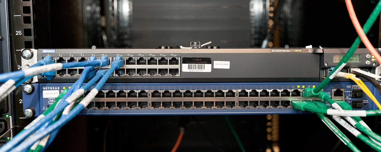 Network patch cables and switches in a working server rack